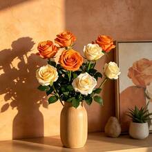 14pcs Multicolor Autumn Artificial Roses, Champagne & Orange Long Stem Roses, Realistic Artificial Rose Bouquet, Thanksgiving Christmas DIY Wedding Home Party Office Decoration - Multicolor - View 4