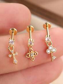3PCS Gold-Tone CZ Dangle Flat Back Cartilage Earrings, Internally Threaded Helix Tragus Conch Studs With Bow, Flower & Key Pendants - 3pcs C Style - View 8