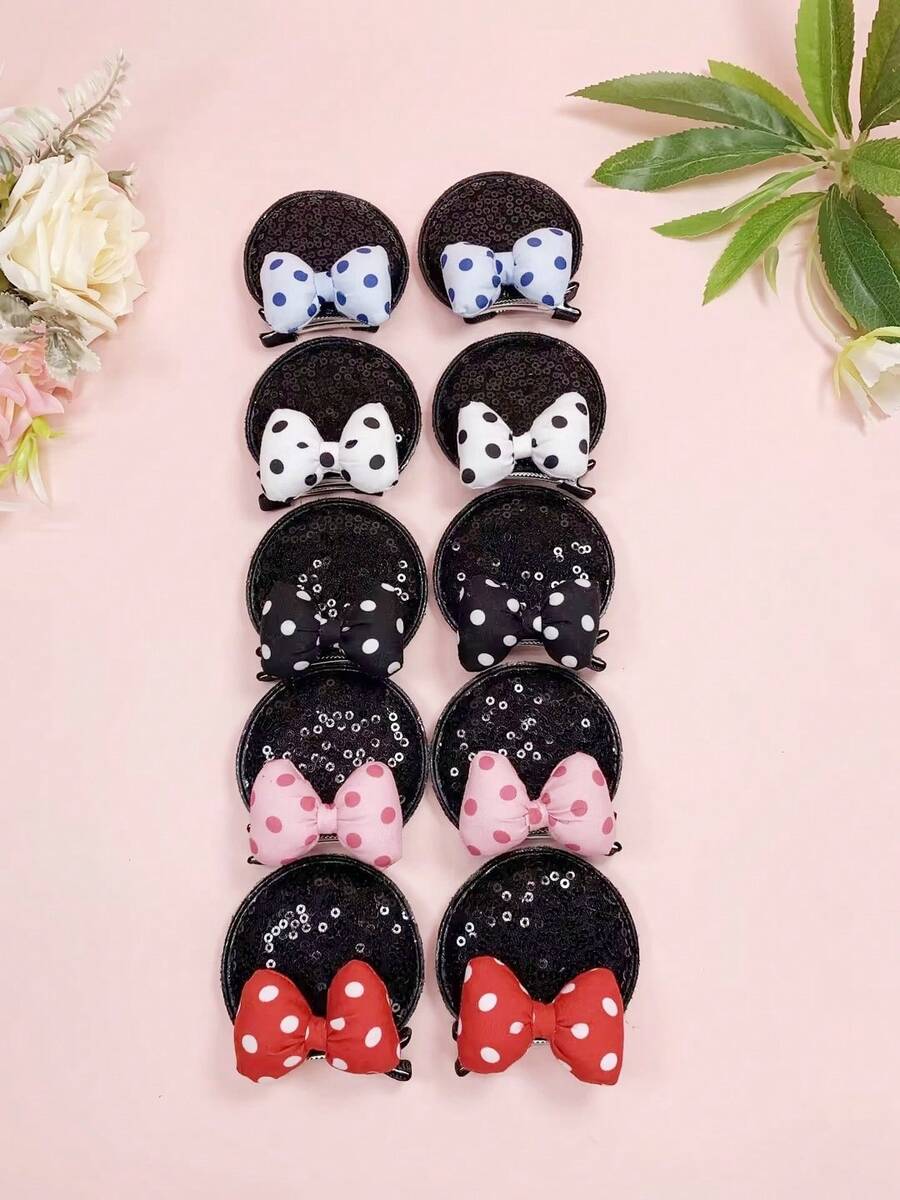 女童 2/4件組波點蝴蝶結耳側髮夾、亮片卡通髮夾，兒童派對裝扮髮飾，適合小女孩 - 彩色 - 查看 1