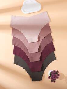 5pcs Plus Size Solid Color V-Waist Wavy Lace Trim Seamless Women's Triangle Panties, Smooth Comfortable Fabric Invisible No-Digging Plus Size Underwear - Multicolor - View 2