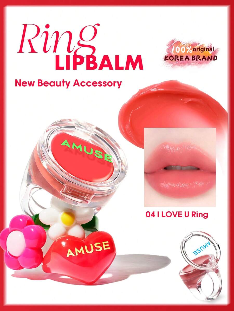 AMUSE Ring Lip Balm #04 I Love You Ring, Hydrating And Translucent, Non-Sticky, Natural Shine, Mini Ring Box, 0.9g/0.03oz