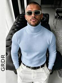 GRDR Jersey de cuello redondo de manga larga para hombre, jersey de punto versátil para uso diario - Celeste - Ver 2