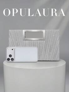 OpulAura 歐美女款時尚閃亮水鑽晚宴包，奢華亮面鑽石手拿包，優雅手提包，適合舞會、派對、雞尾酒會、生日派對，可搭配晚禮服，適合作為生日禮物、新娘手拿包 - 銀色 - 查看 5