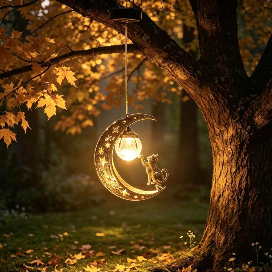 1pc Solar Hanging Lantern, Moon & Cat Playing Ball Design Warm White LED Light, Waterproof Metal Hanging Lamp For Garden Patio Yard Holiday Party Decor - Cat Ball Lantern - View 1