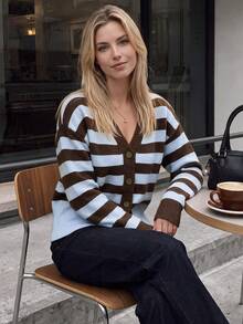 Nicenter Women's V‑Neck Drop‑Shoulder Long Sleeve Stripe Button‑Down Sweaters, Cardigan For Women, Wool Blend Knit Tops, Fall Clothes, Winter Clothes For Daily - Multicolor - View 1