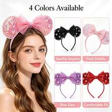 Disney 4Pcs Mouse Ear Headbands, Pearl Trim Glitter Sequin Bow Hair Hoop Set For Theme Park, Holiday & Cosplay Event - Multicolor - View 1