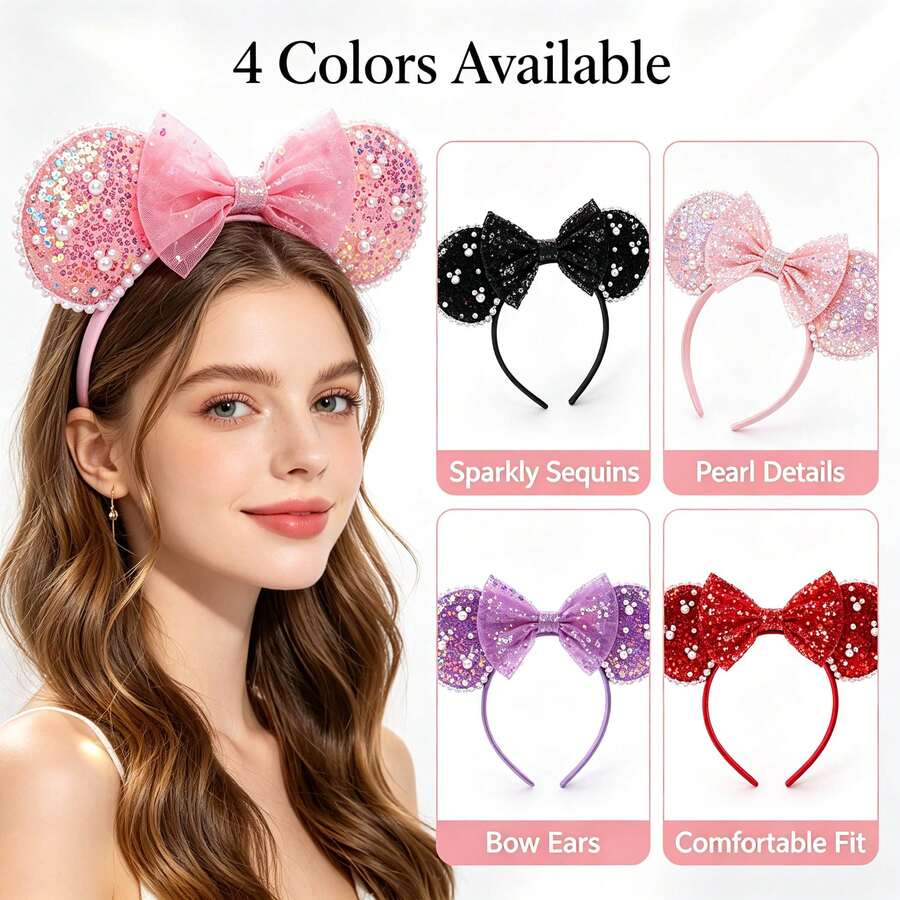 Disney 4Pcs Mouse Ear Headbands, Pearl Trim Glitter Sequin Bow Hair Hoop Set For Theme Park, Holiday & Cosplay Event - Multicolor - View 1