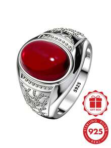 925 Sterling Silver Men's Elegant Minimalist Fashion Ring, Inlaid With Red Synthetic Zirconia, Exquisite Design, Suitable For Daily Wear, Gift, Party, Fashion Accessory, Premium Choice For Elegant Men's Jewelry. - Silver - View 4