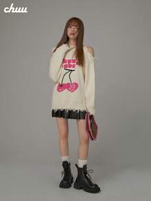 CHUU Cartoon Cherry Embroidered Knit Sweater Women's Autumn New Style Cold Shoulder Distressed Unique Pullover - Apricot - View 2