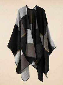 1pc Men's Versatile Fashion Colorblock Plaid Poncho Shawl Scarf, Autumn/Winter Outdoor Casual Warm Split Poncho Jacket - Multicolor - View 7