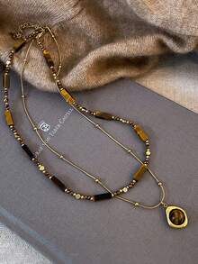 2pcs Autumn/Winter Vintage Tiger Eye Beaded Necklaces, Suitable For Women's Daily Commute Wear - Brown - View 6