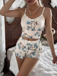 Women's Floral Print Camisole Top And Shorts Pajama Set - White - View 5