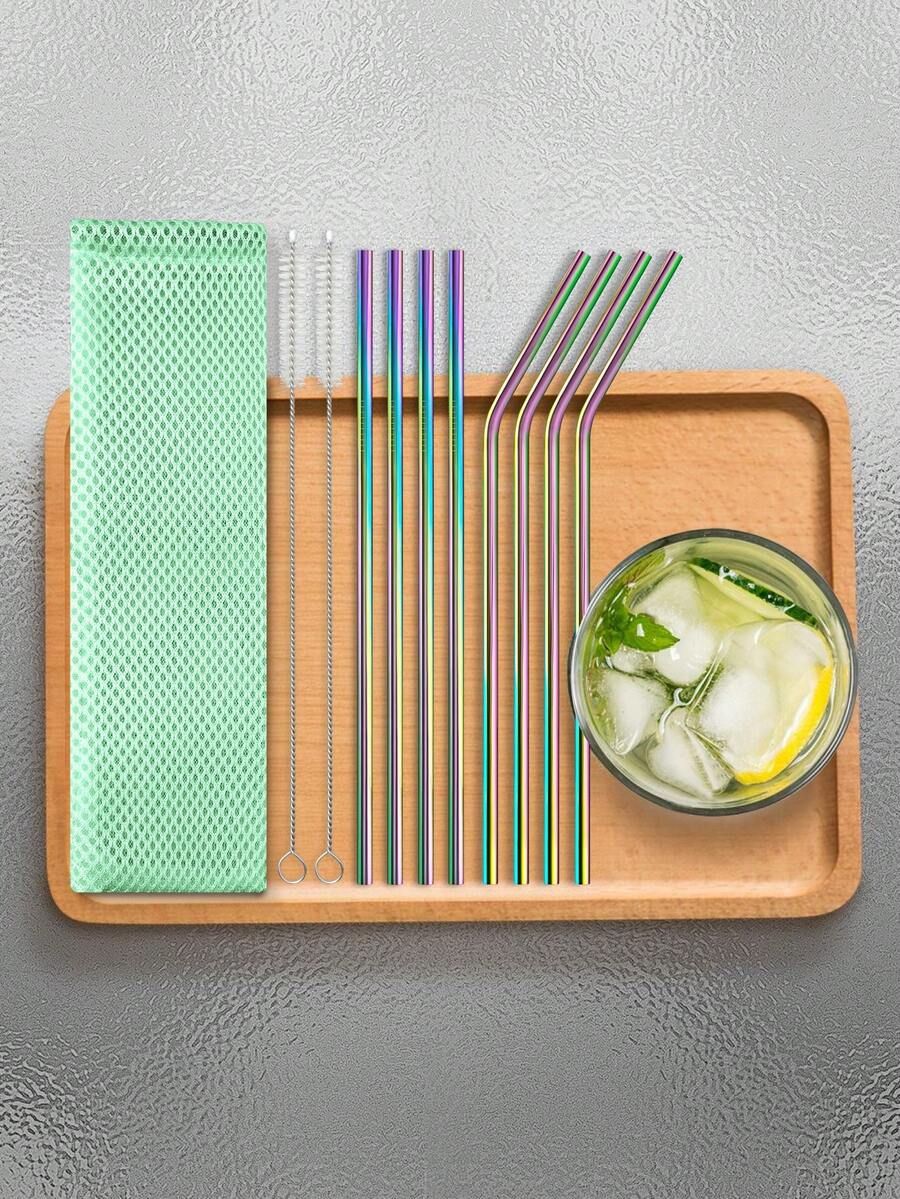 11pcs Stainless Steel Straw & Brush & Bag Set ,Kitchen,Christmas Gift,School Supplies - Multicolor - View 1