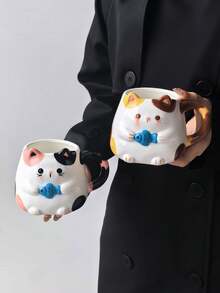 1pc "Cat Catching Fish" Ceramic Coffee Mug, Healing Style Original Hand-Painted Calico Cat Cup, Highly Attractive Water Cup, Cute Design, Suitable For Coffee, Tea, Holiday Gift, Birthday Gift - Multicolor - View 5