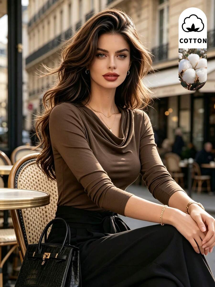 DONICY ملابس علوية نسائية بنية داكنة بياقة كول منسدلة، قصة ضيقة مطاطية، أكمام طويلة، ملابس علوية داخلي أساسي ملائم للارتداء اليومي في الربيع والخريف - بني - مشاهدة 1