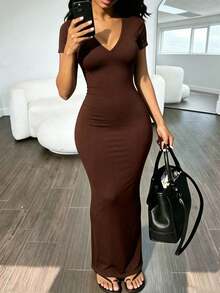 RNU Brown Solid V-Neck Short Sleeve Knit Dress, Soft Elastic Ribbed Fabric, Sexy Slim Fit Bodycon Long Cut Suitable For Daily Commute, Casual - Coffee - View 6
