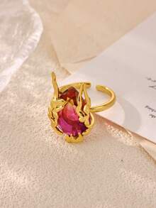 Vintage Large Gradient Colorful Teardrop-Shaped Synthetic Gemstone Flame Pattern Women's Gold Open Ring, 18K Gold Plated Charming Jewelry Accessory For Wedding, Holiday, Party - Multicolor - View 7