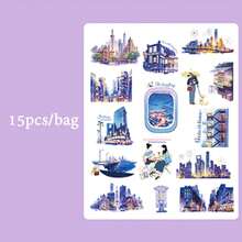 15pcs World Travel Landscape Theme Stickers, Vibrant Colors & Exquisite Illustrations, Multi-Functional Scrapbook Stickers For Decoration, Art Journal, Card Making, Handmade DIY Stickers, Holiday Gift - Sticker - View 11