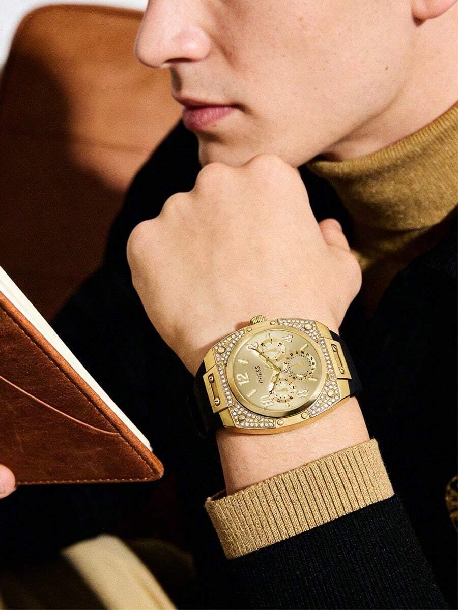 Guess Men's Cushion‑Case Quartz Watch Champagne Multi‑Function Dial Oversized Arabic Numerals Black Silicone Strap Glam Sport‑Lifestyle Chronograph Watch - Gold - View 1