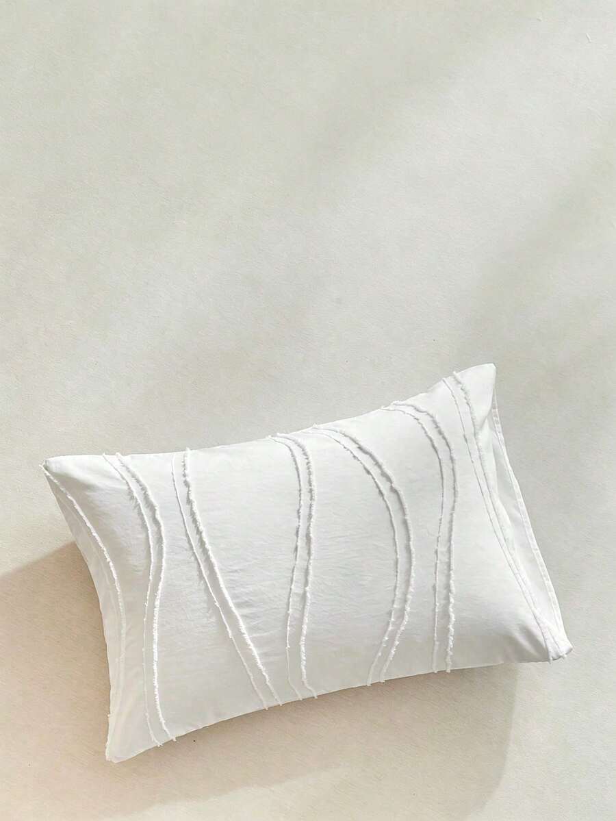 1pc Boho White Striped Cutout Tufted Pillowcase, Vintage Farmhouse Style Polyester Decorative Throw Pillow Cover, Suitable For All Seasons, Decor, Machine Washable, Pillow Insert Not Included - White - View 1