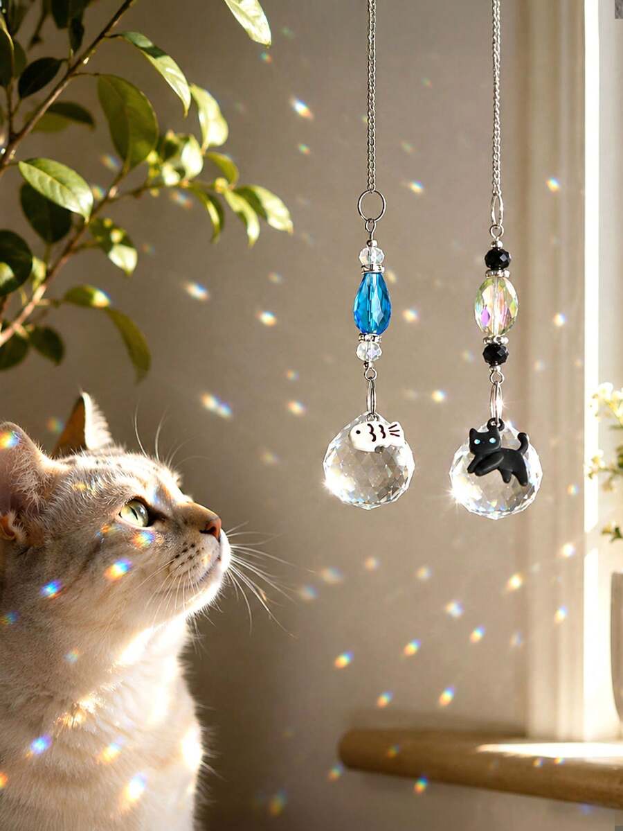 1/2pcs Cat & Fish Transparent Crystal Prism Ball Rainbow Maker Window Hanging Decor/Light Catcher, Perfect For Indoor And Outdoor Decoration - Crystal Pendant - View 1