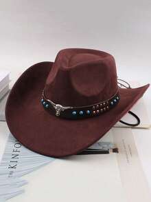Unisex Western Cowboy Hat, Suede Hat, Black Cowboy Hat, With Metal Bull Head Decoration, Turquoise Color Rivet Leather Strap, Windproof Chin Strap, Suitable For Rodeo, Festival Celebration, Party, Halloween Costume, Bohemian Style Party, Halloween Outfit And Commuting Travel Use. - Multicolor - View 6