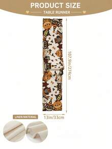 1pc Vintage Cartoon Halloween Table Runner, Beige Linen Long Style, Printed With Pumpkin, Cat And Ghost Patterns, Fun Retro Style Dining Table Decor, Suitable For Halloween Party, Kitchen And Seasonal Home Decoration - Multicolor - View 14