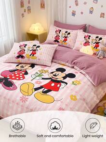 Disney 2/3件組迪士尼印花被套組，米奇與米妮床上用品，舒適透氣、抗起球、可機洗，房間裝飾、臥室裝飾、宿舍適用，四季通用，適合單人/雙人/Queen/King尺寸床，秋季居家裝飾，無填充，粉紅色 - 彩色 - 查看 4