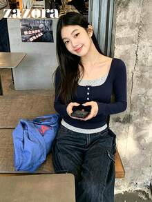 U-Neck 2 In 1 Long Sleeve T-Shirt Women, Fitted Base Layer Top, Sexy Style, Autumn - Navy Blue - View 5