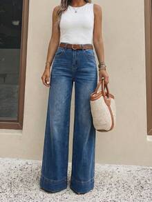 Women's Pocket Button Casual Versatile Daily Wear Flare Leg Jeans Spring Fall - Dark Blue - View 3