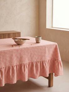 1pc Pink And White Small Checkered Tablecloth, Warm Pastoral Style, Fabric Material, Rectangular Long With Ruched Edge And Pleated Detail, Decorative And Functional, Suitable For Daily Home Dining Scenes - Pink - View 6