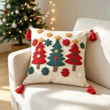 1pc Fluffy Embroidered Christmas Tree Pattern Pillow Case, Christmas Holiday Decor Pillow Cover For Living Room Sofa Cushion Bed Pillow, Christmas Decoration, Pillow Insert Not Included - Multicolor - View 12