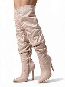 Rylithe Apricot Women's Pointed Toe Slim Heel Side Zip Suede Thigh High Boots, Avant-Garde Sexy Pleated Boots For Fall/Winterfshion Boots - Apricot - View 1