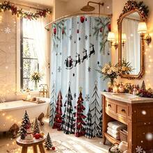 1pc Christmas Tree, Christmas Carriage, Snowflake, Reindeer Shower Curtain, Vintage Design, Waterproof Bath Curtain, Suitable For Bathtub Partition, Bathroom Decor And Bathroom Accessories, Home Decor Gift - Multicolor - View 2