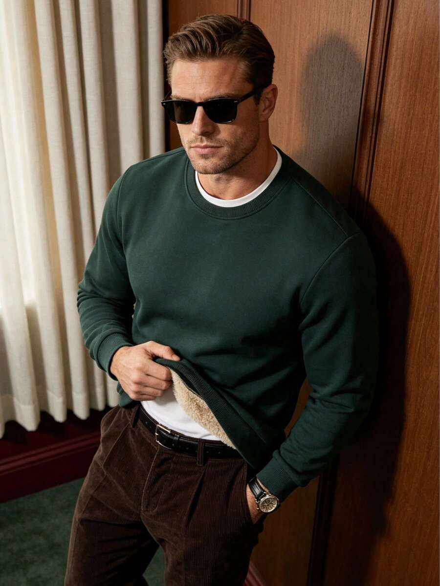Men's Solid Color Minimalist Pullover Thermal Lined Warm Sweatshirt, Autumn/Winter - Dark Green - View 1