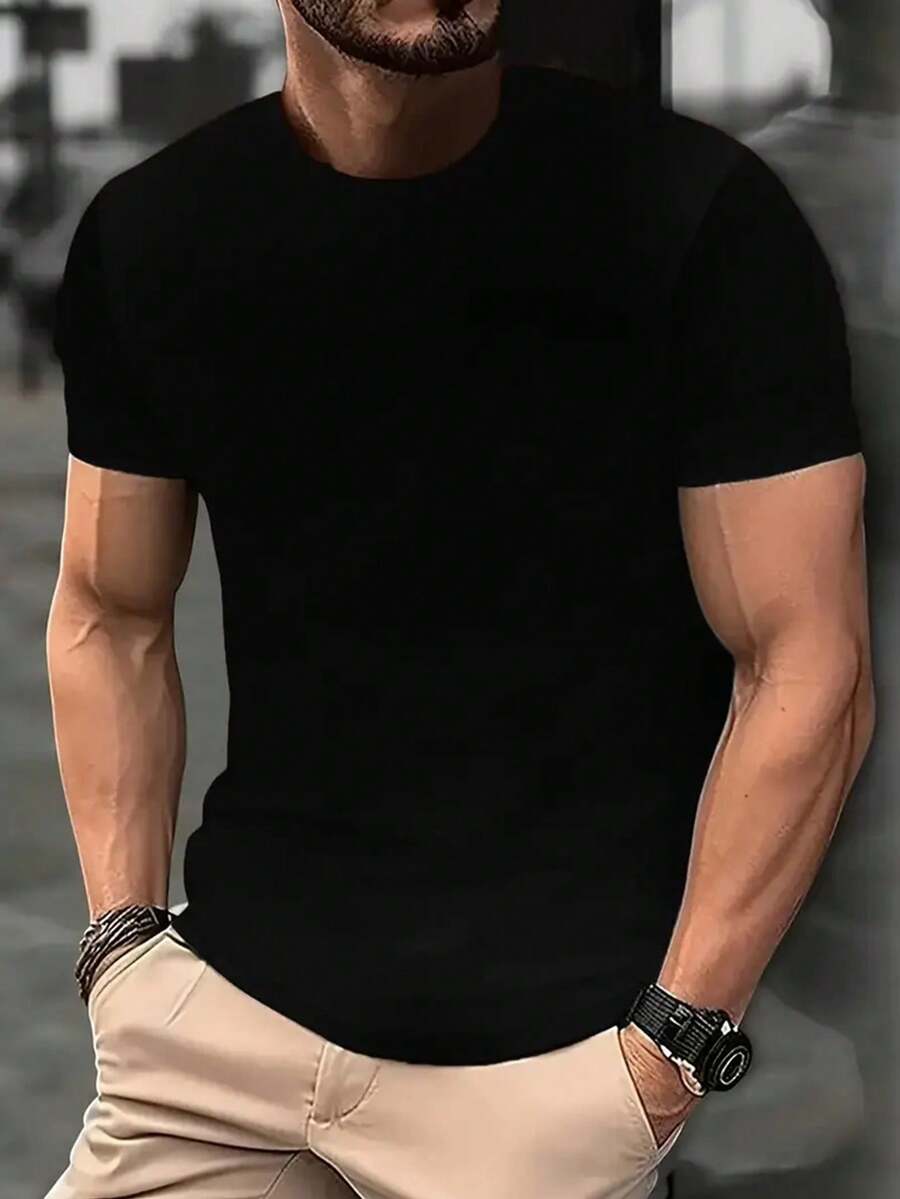 Men's Summer Fashion Versatile English Letter Print Crew Neck Short Sleeve T-Shirt - Black - View 1