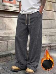 Men's Loose Fit Thermal Lined Wide Leg Sweatpants, Elastic Waist Drawstring Straight Leg Long Pants, Thickened Casual Pants With Pockets, Dark Gray For Autumn/Winter Daily Streetwear And Outdoor Wear - Dark Grey - View 9