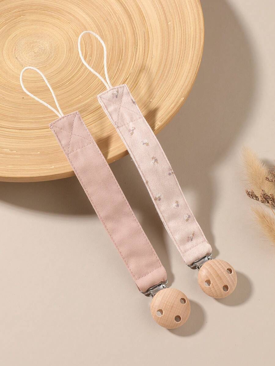 2pcs Baby Corduroy Solid Color Fashion Printed Pacifier Anti-Drop Chain, Solid Color Blue Pink Khaki Bow Pacifier Chain, Wooden 3-Hole Pacifier Clip, Suitable For Daily Use - Multicolor - View 1