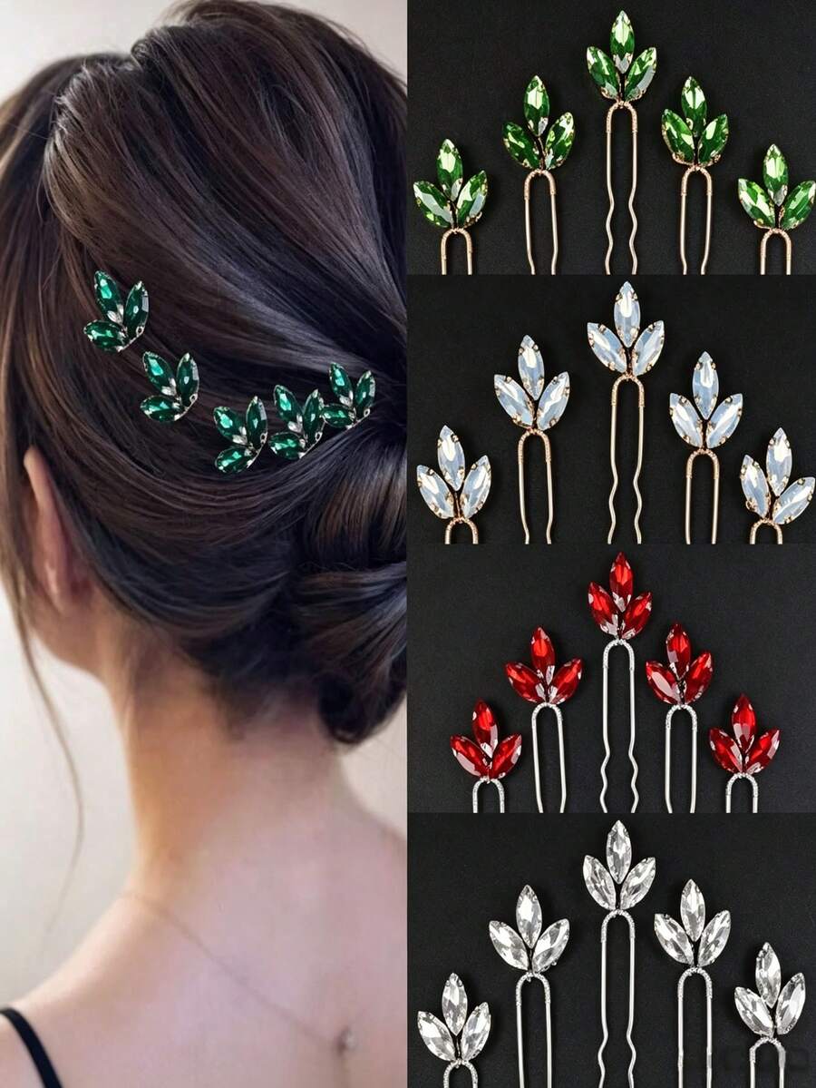5pcs Women's Emerald Rhinestone Bridal Hair Clips, Shiny Wedding Bridesmaid U-Shaped Hair Pins, Prom Party Hair Accessories, Multiple Colors Available - Multicolor - View 1
