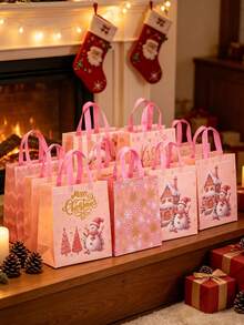 24pcs/4pcs Pink Christmas Party Gift Bags With Handles – Festive Gift Bags Featuring Santa, Snowman, Reindeer, And Gingerbread House Designs, Complete With "Ho Ho Ho" Tags; Suitable For Birthdays, Holiday Gift-Giving, And Christmas Decorations. - Multicolor - View 3