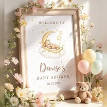 1pc Personalized Baby Baptism Welcome Sign, Customized Name & Date Poster, Sleeping Bear Moon & Stars Welcome Poster, Neutral Color Baby Baptism Poster, Home Decor Keepsake, Suitable For Any Occasion, Printed Image, Unframed - Multicolor - View 5