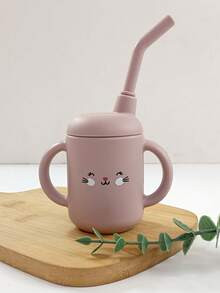 1pc Cute Animal Face Pattern Silicone Straw Cup, Sippy Cup With Double Handle, Suitable For Baby Drinking Water - Multicolor - View 12