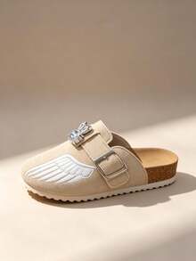 1 Pair Beige Girls Faux Suede Mule Clogs, Wing Embroidery Rhinestone Bunny Buckle Flat Slippers, Kids Cork Footbed Slides For Daily Outdoor - Beige - View 4