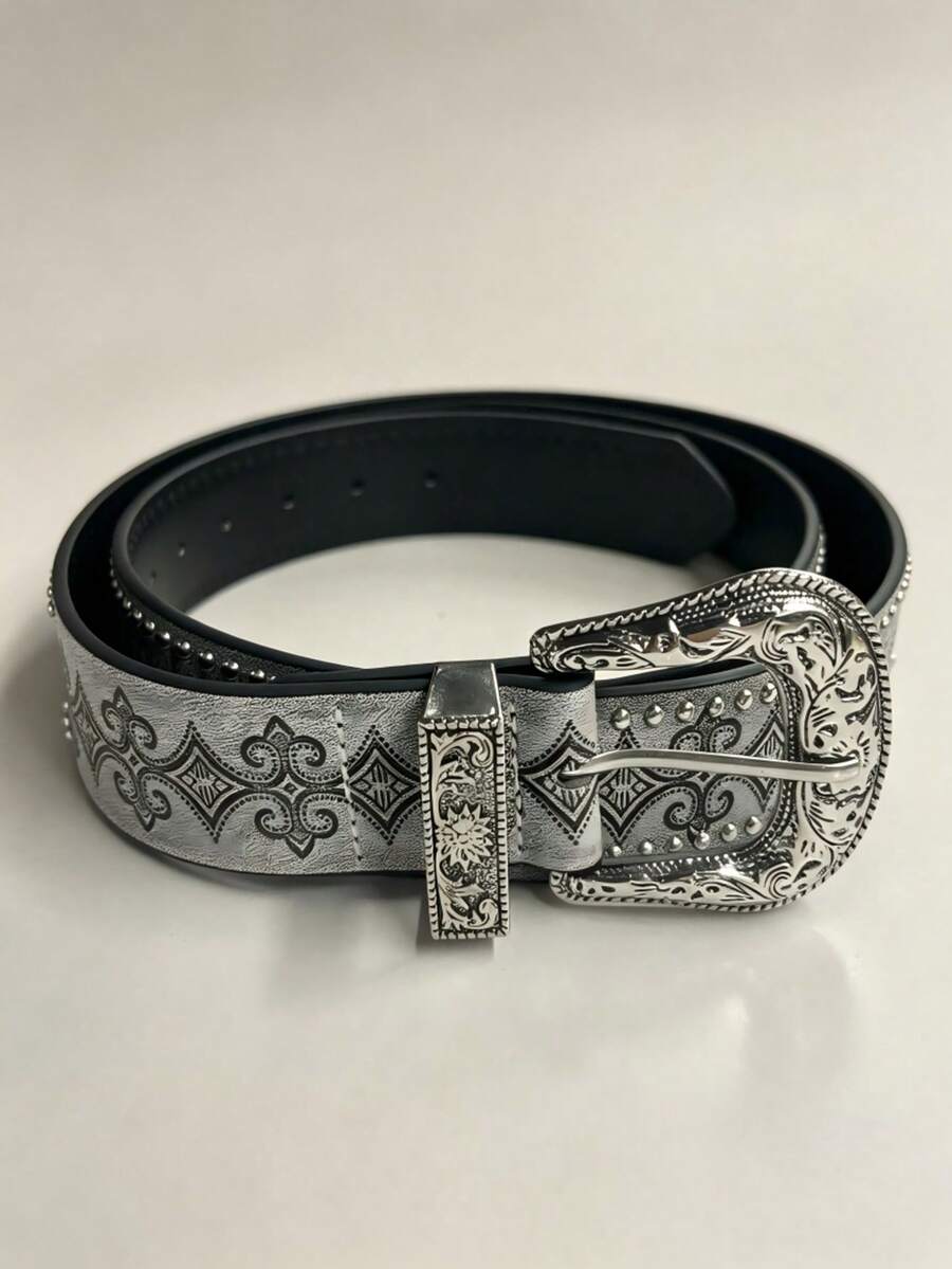 APLCSEY Women's Vintage Western Style Belt, Silver Buckle Rivet Decor Fashion Belt, Suitable For Jeans And Dresses. - Grey - View 1