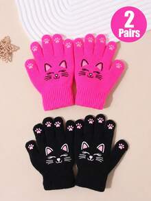 2 Pairs Kids Cute Cartoon Cat Print Knitted Full Finger Gloves, Soft Warm Winter Gloves, Elastic Ribbed Cuff Hand Protection, Suitable For Girls Outdoor Daily Wear - 2Pairs - View 15
