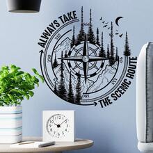 1pc Compass Wall Sticker, Woven Pine Forest, Mountains, Stars And Moon Elements, Self-Adhesive Removable Home Decor Sticker - View 3