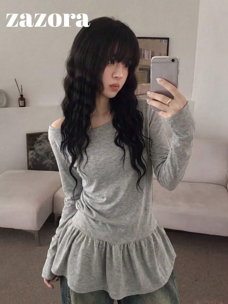 Korean Style Ballet Off-Shoulder Ruffle Pleated Long Sleeve T-Shirt Round Neck Versatile Loose Top For Women - Light Grey - View 1