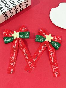 2pcs Holiday Atmosphere Bow Hair Clips, Christmas English Print Woven Ribbon, Christmas Tree Pattern, 3D Pentagram Decoration, Long Draping Ribbon, For Outing, Photography, Back Of Head Hair Styling And Fixing - Multicolor - View 4