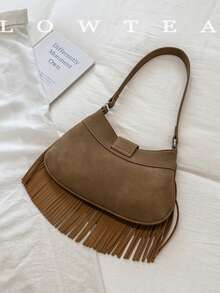 low tea 1pc Tassel Buckle Suede Fabric Shoulder Bag, Suitable For Commuting, Shopping And More - Light Khaki - View 5