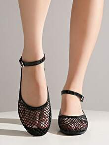 Fishnet Hollow Out Elastic Band Bow Flat Ballet Shoes Summer Comfortable Doll Shoes, Mesh Shoes - Black - View 9